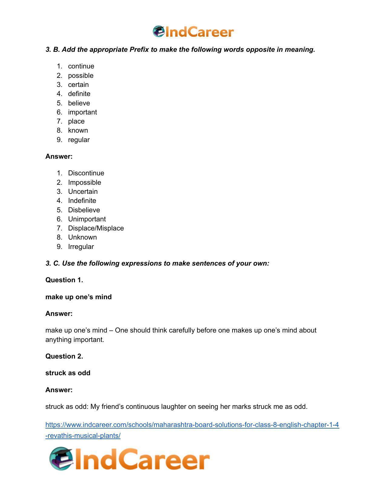 Maharashtra Board Solutions for Class 8- English: Chapter 1.4- Revathi's  Musical Plants - IndCareer Docs