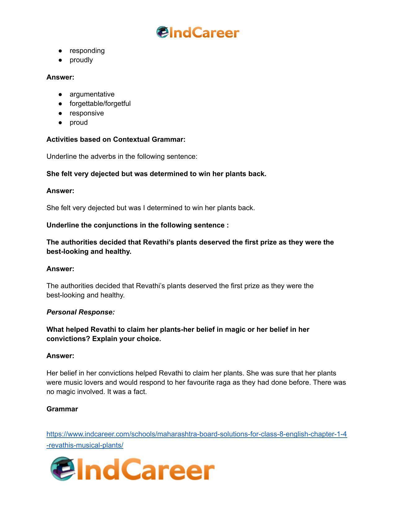 Maharashtra Board Solutions for Class 8- English: Chapter 1.4- Revathi’s Musical Plants - Page 19