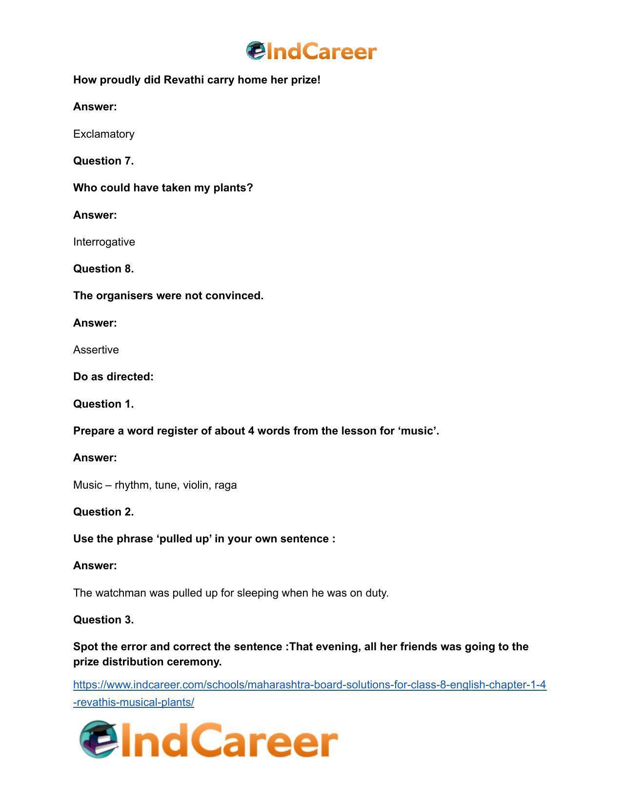 Maharashtra Board Solutions for Class 8- English: Chapter 1.4- Revathi’s Musical Plants - Page 21