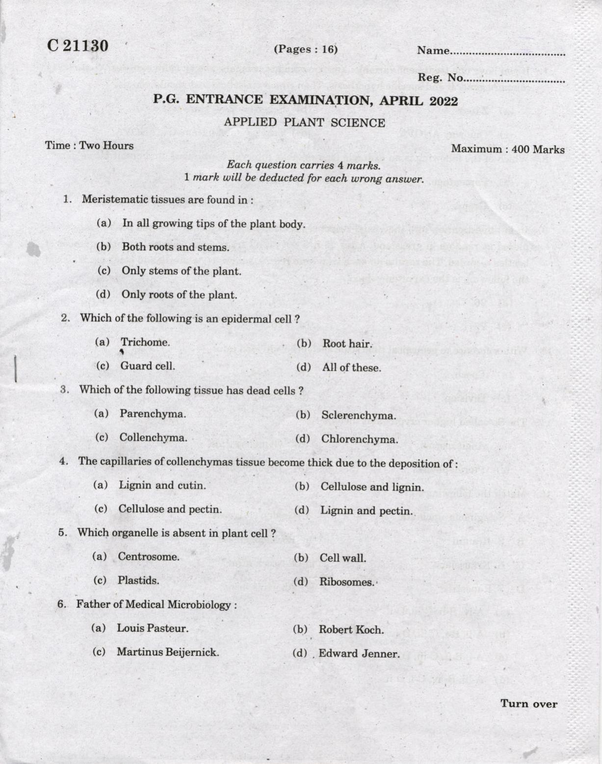 CUCAT 2022 M.Sc. Applied Plant Science Question Paper - Page 1