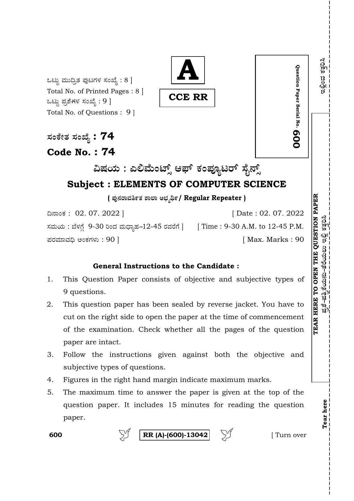 Karnataka SSLC Elements of Computer Science (Supplementary) Question Paper 2022 (A Version) - Page 1