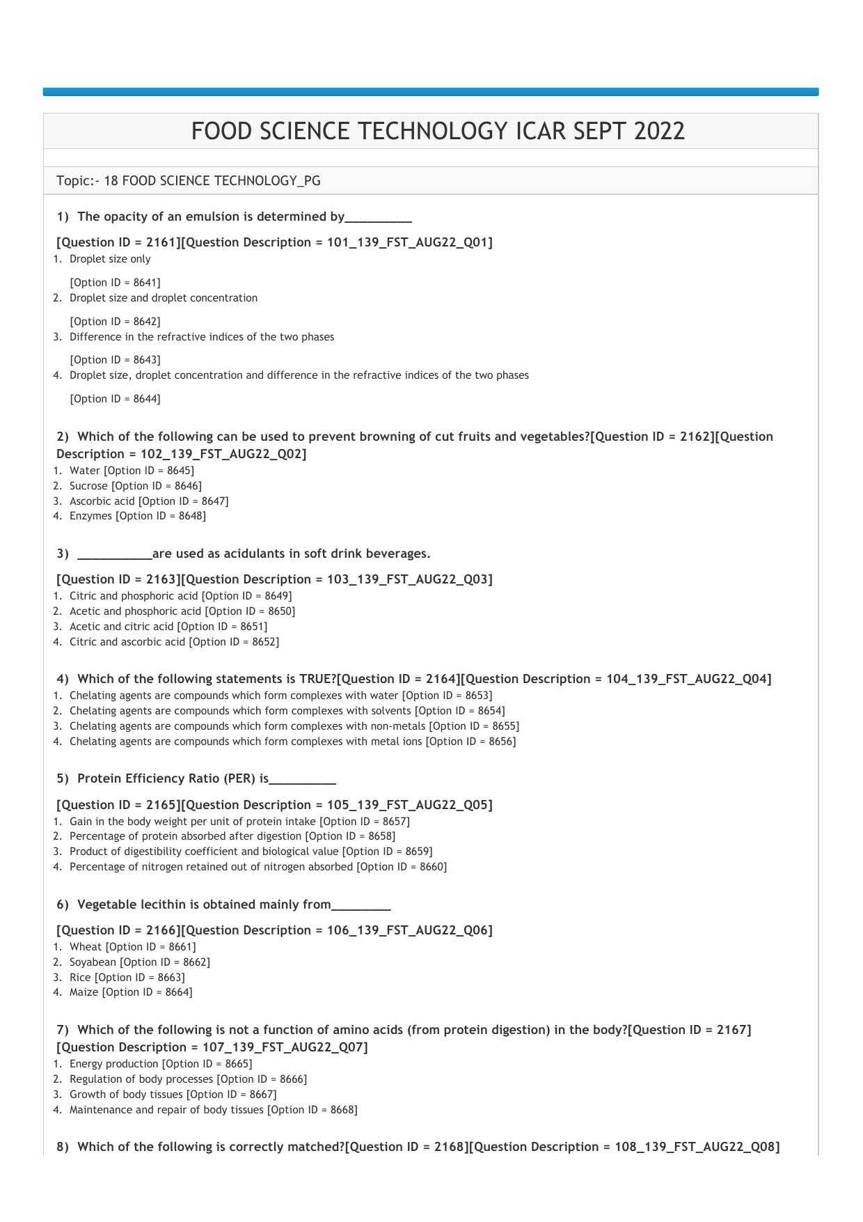 ICAR AIEEA PG 2022 FOOD SCIENCE TECHNOLOGY Question Paper - Page 1