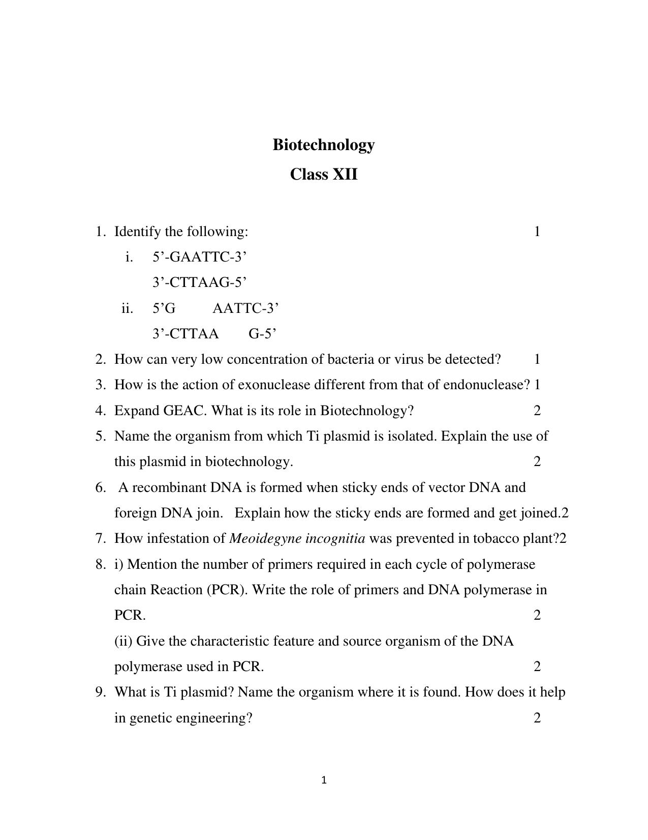 CBSE Worksheets for Class 12 Bio Technology Principles and Applications - Page 1