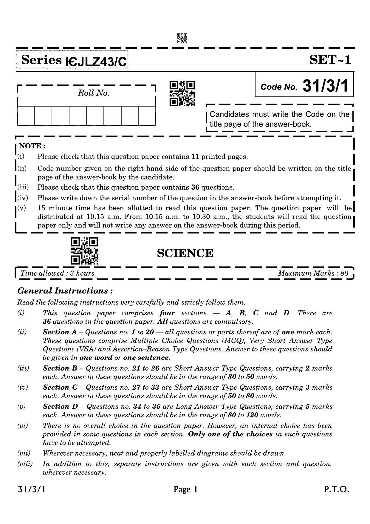 CBSE Class 10 QP_086_SCIENCE 2021 Compartment Question Paper - Page 1
