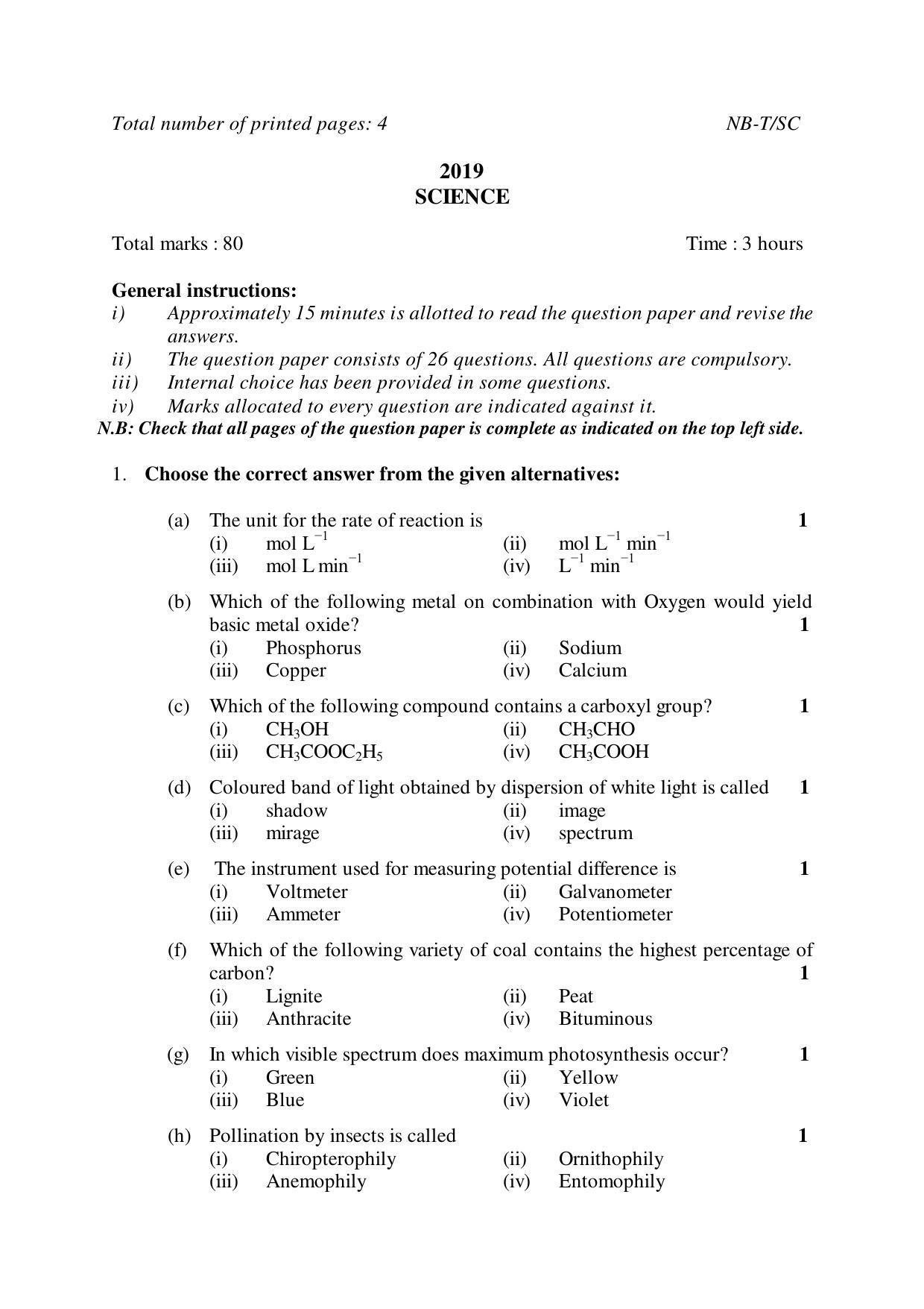 Nagaland Board Class 10 SCIENCE 2019 Question Paper - Page 1