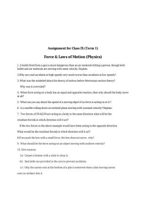 CBSE Worksheets for Class 9 Physics Force and Laws of Motion Assignment 3
