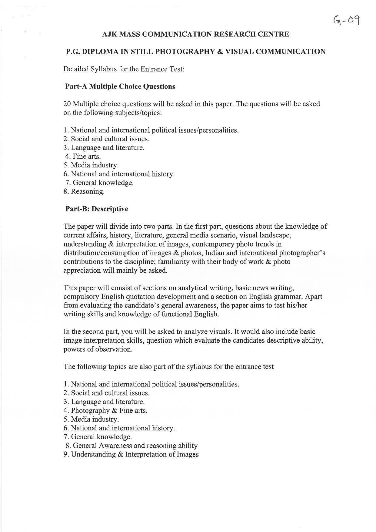 JMI Entrance Exam G09-P.G Diploma in still Photography & Visual Communication(self financed) Syllabus - Page 1