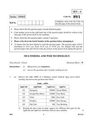 CBSE Class 12 89-1 MULTIMEDIA AND WEB TECHNOLOGY 2016 Question Paper
