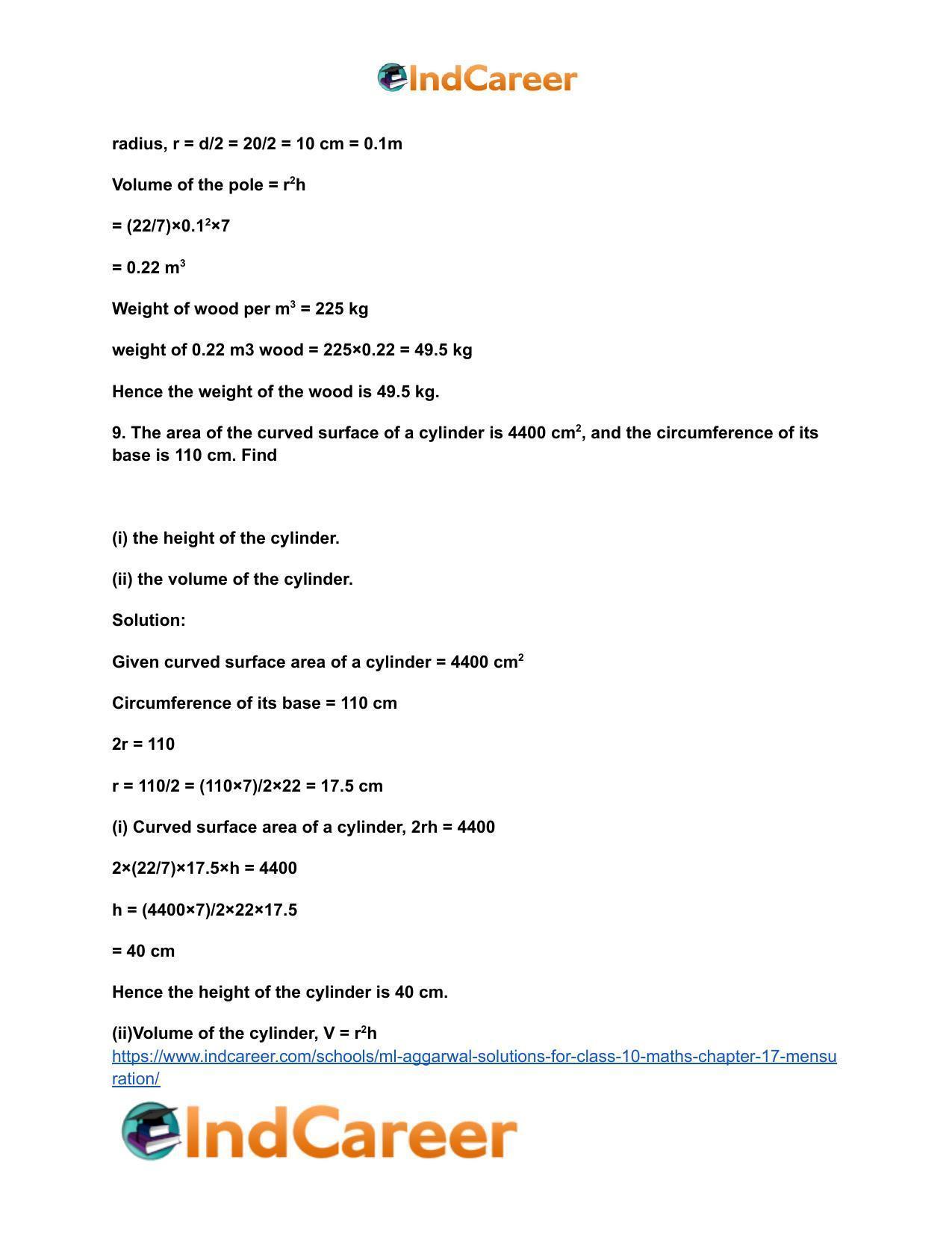 ML Aggarwal Solutions for Class 10 Maths Chapter 17- Mensuration - Page 8