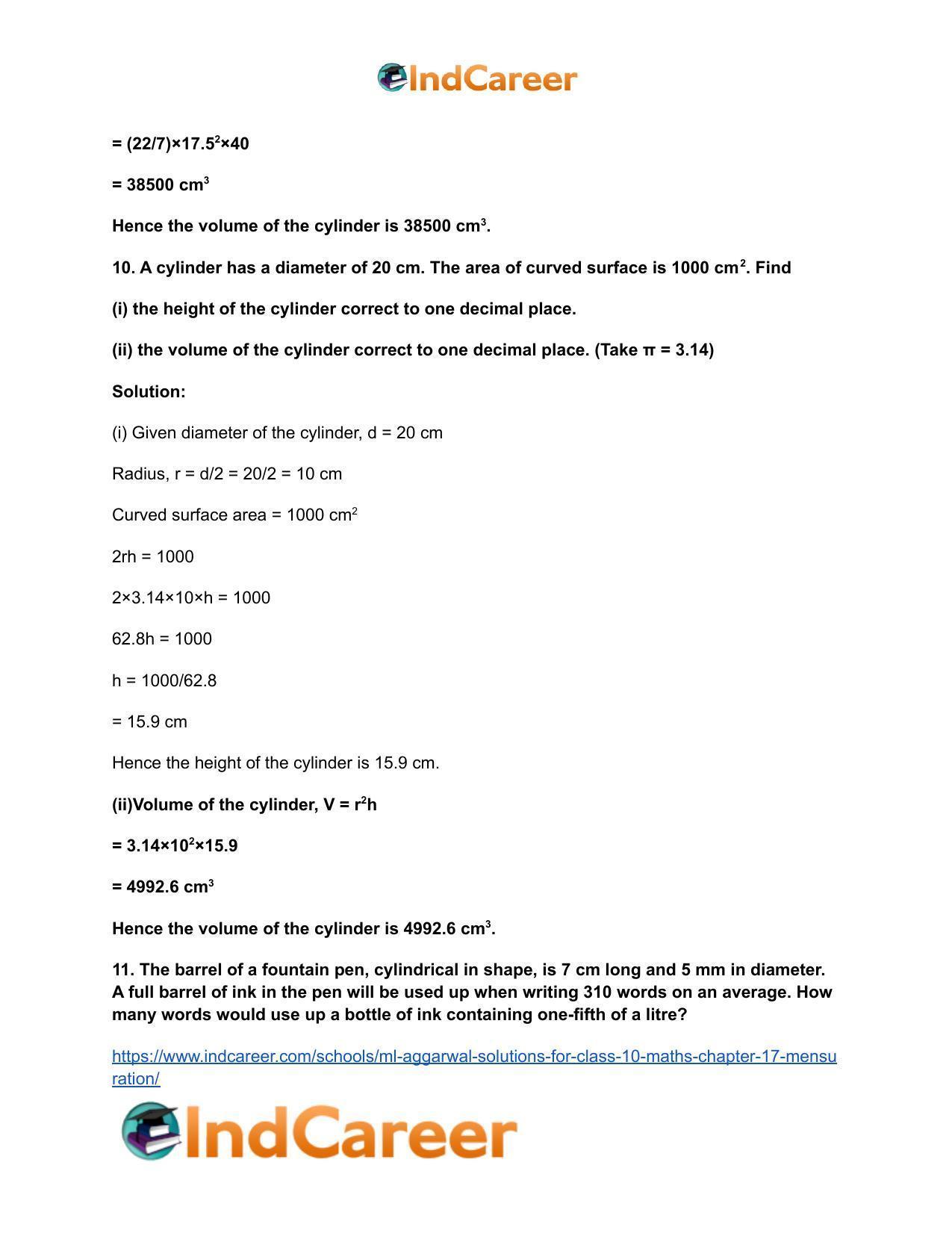 ML Aggarwal Solutions for Class 10 Maths Chapter 17- Mensuration - Page 9