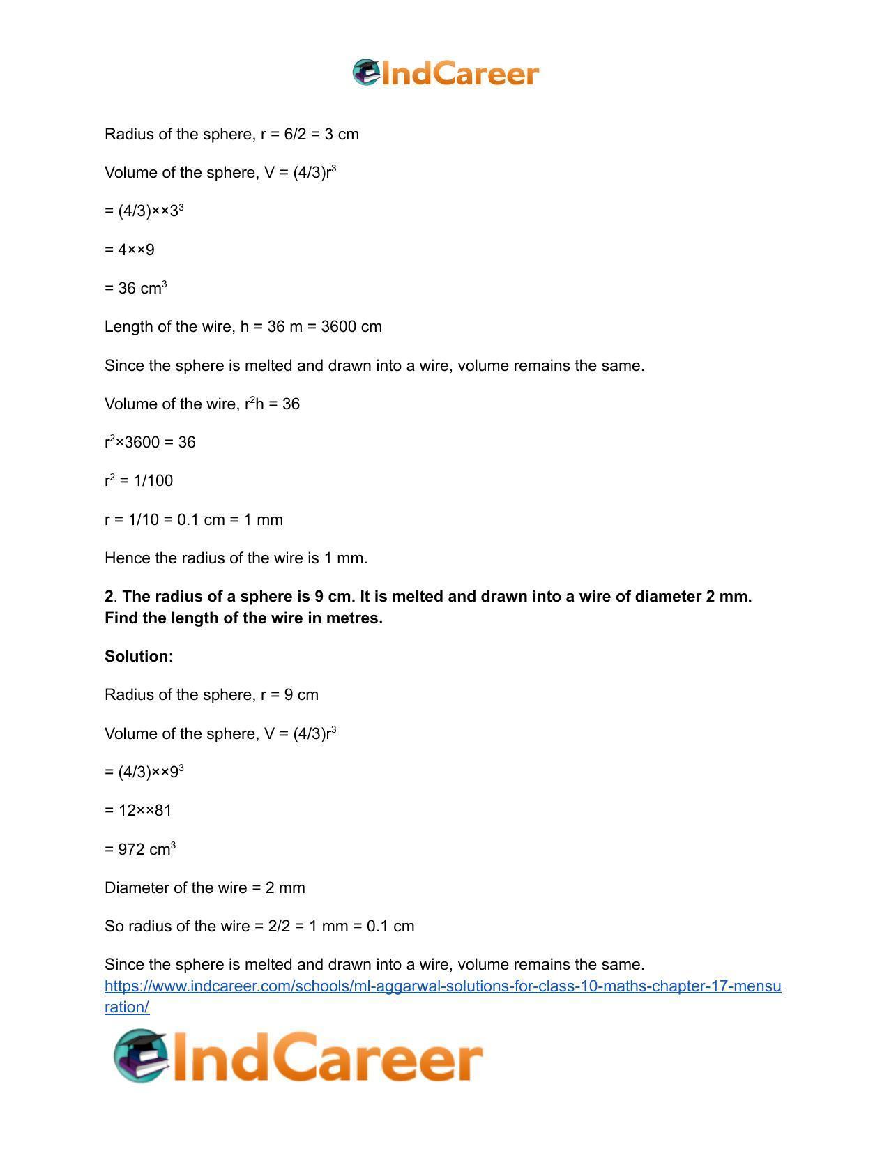 ML Aggarwal Solutions for Class 10 Maths Chapter 17- Mensuration - Page 95