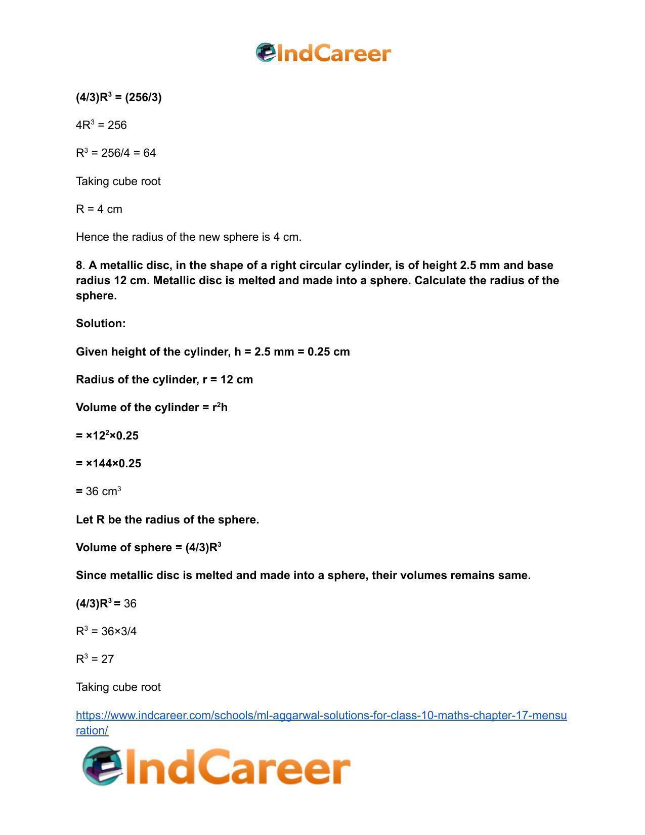 ML Aggarwal Solutions for Class 10 Maths Chapter 17- Mensuration - Page 100