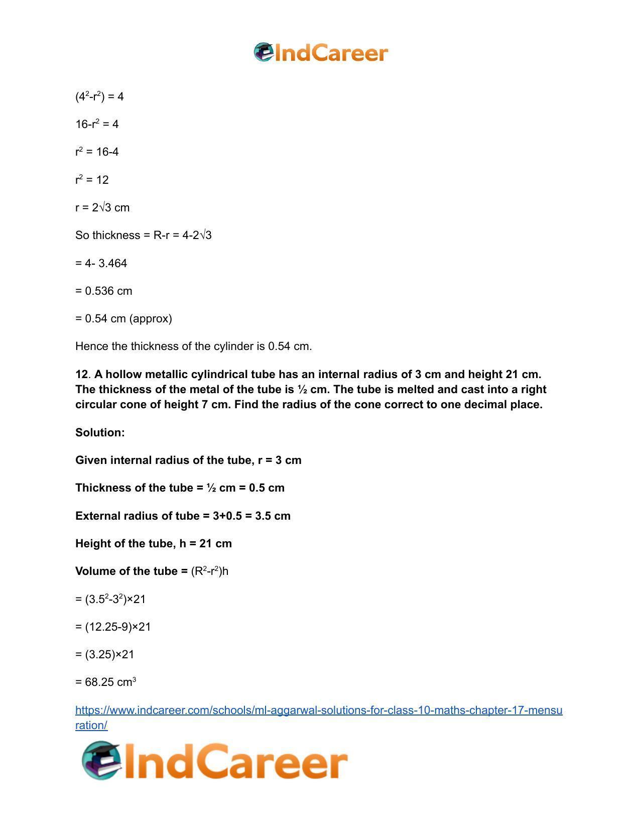 ML Aggarwal Solutions for Class 10 Maths Chapter 17- Mensuration - Page 104