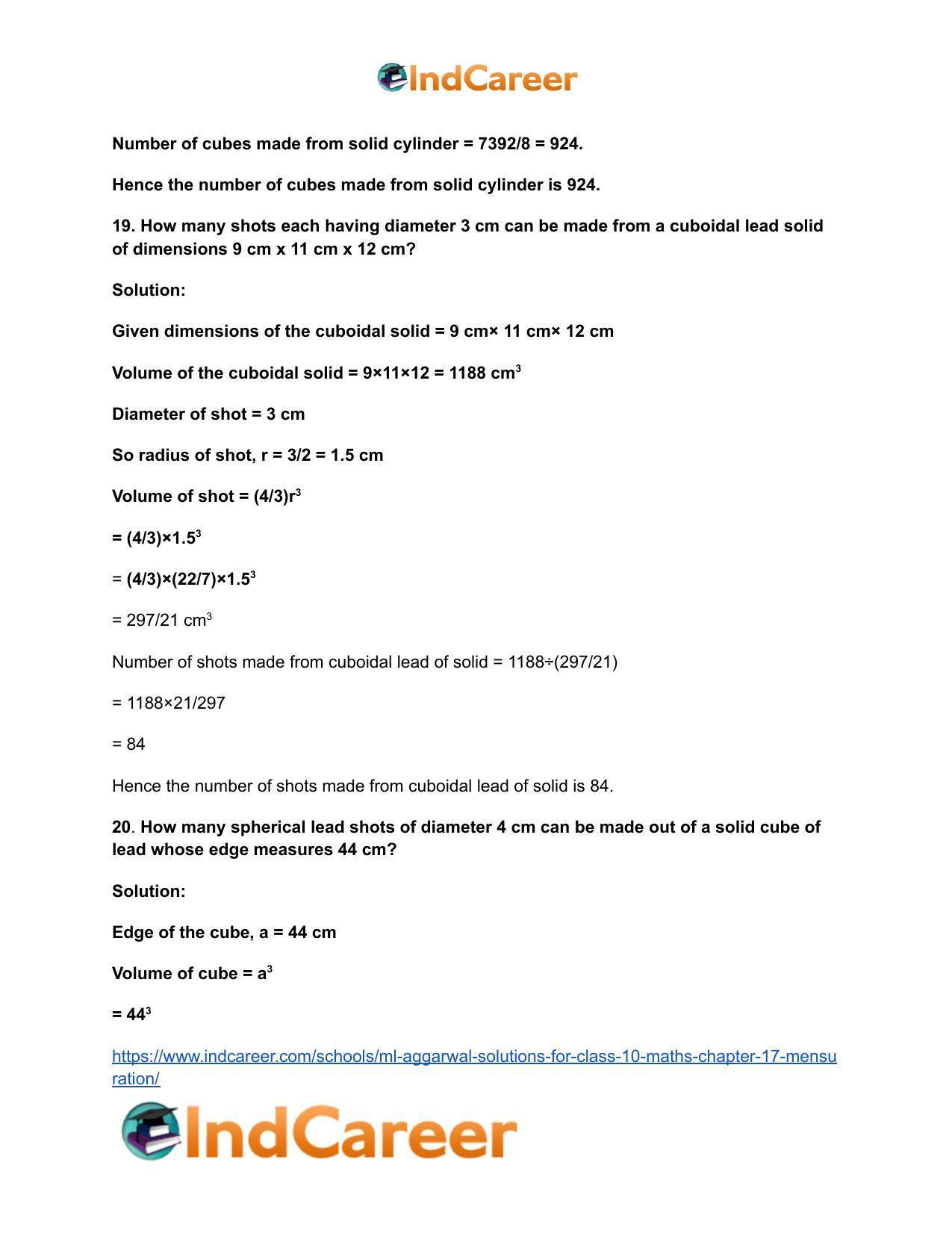 ML Aggarwal Solutions for Class 10 Maths Chapter 17- Mensuration - Page 113