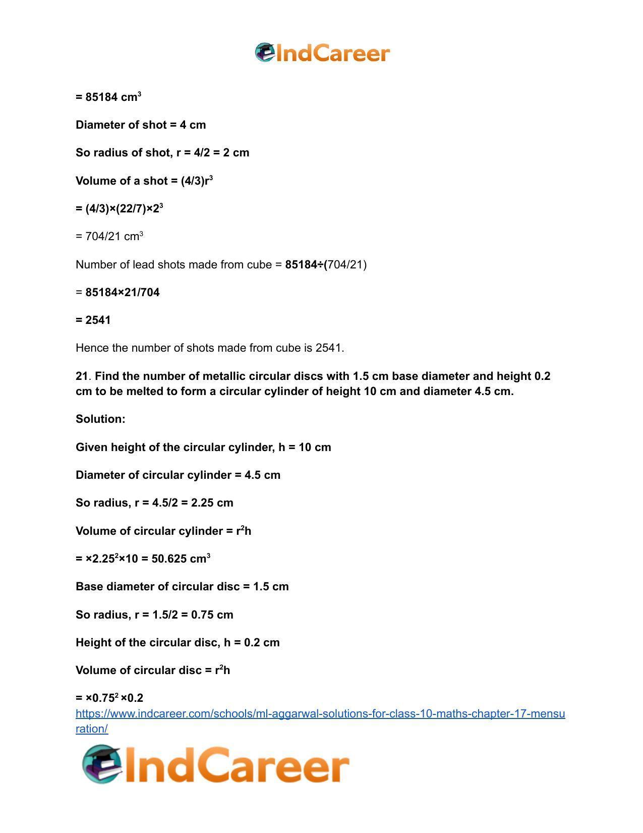 ML Aggarwal Solutions for Class 10 Maths Chapter 17- Mensuration - Page 114