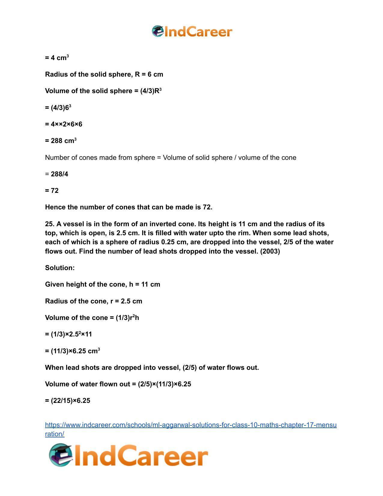 ML Aggarwal Solutions for Class 10 Maths Chapter 17- Mensuration - Page 117
