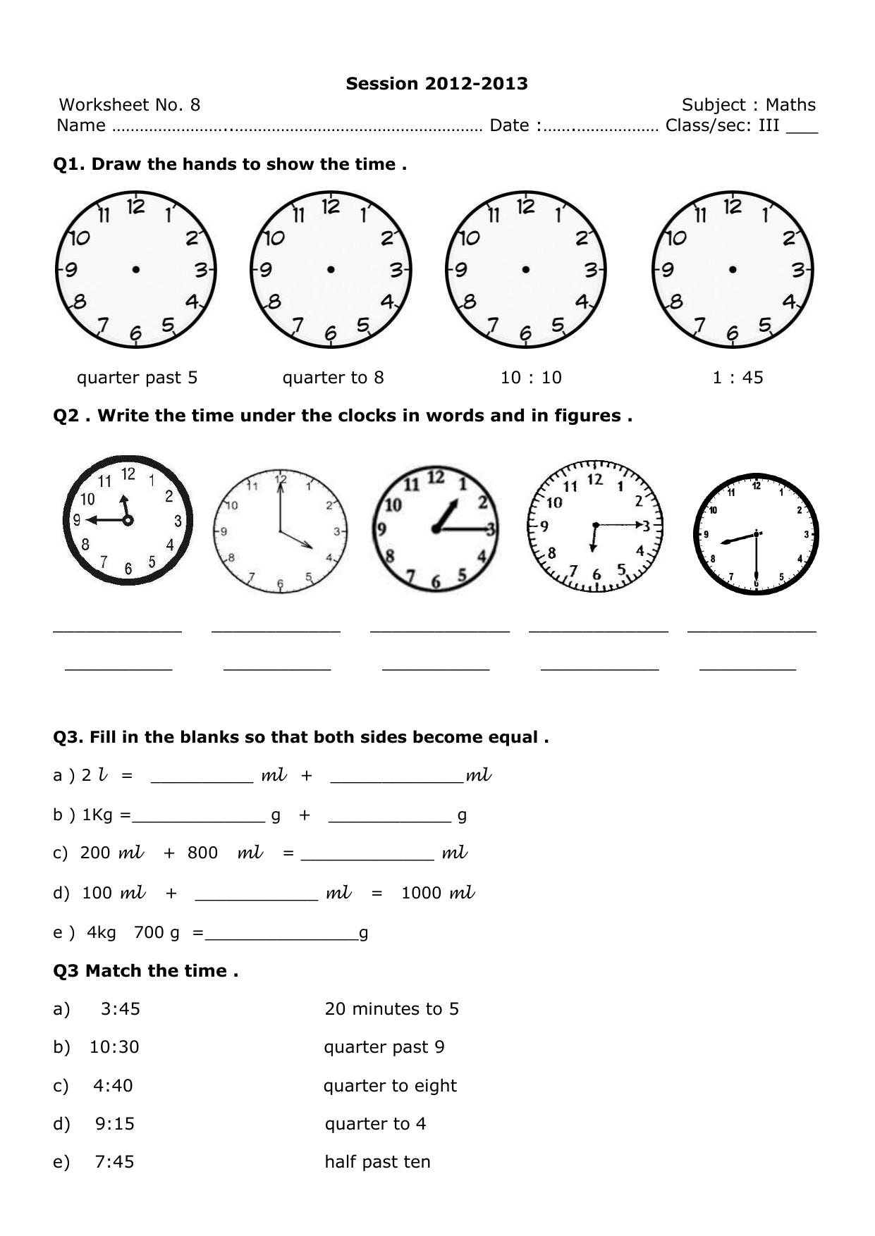 Worksheet for Class 3 Mathematics Assignment 10 - Page 1