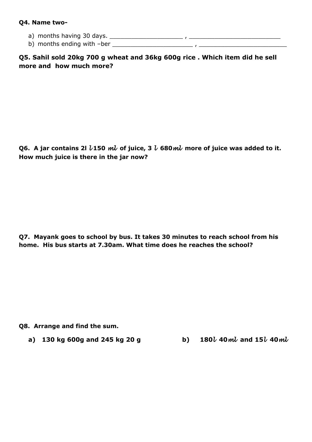 Worksheet for Class 3 Mathematics Assignment 10 - Page 2