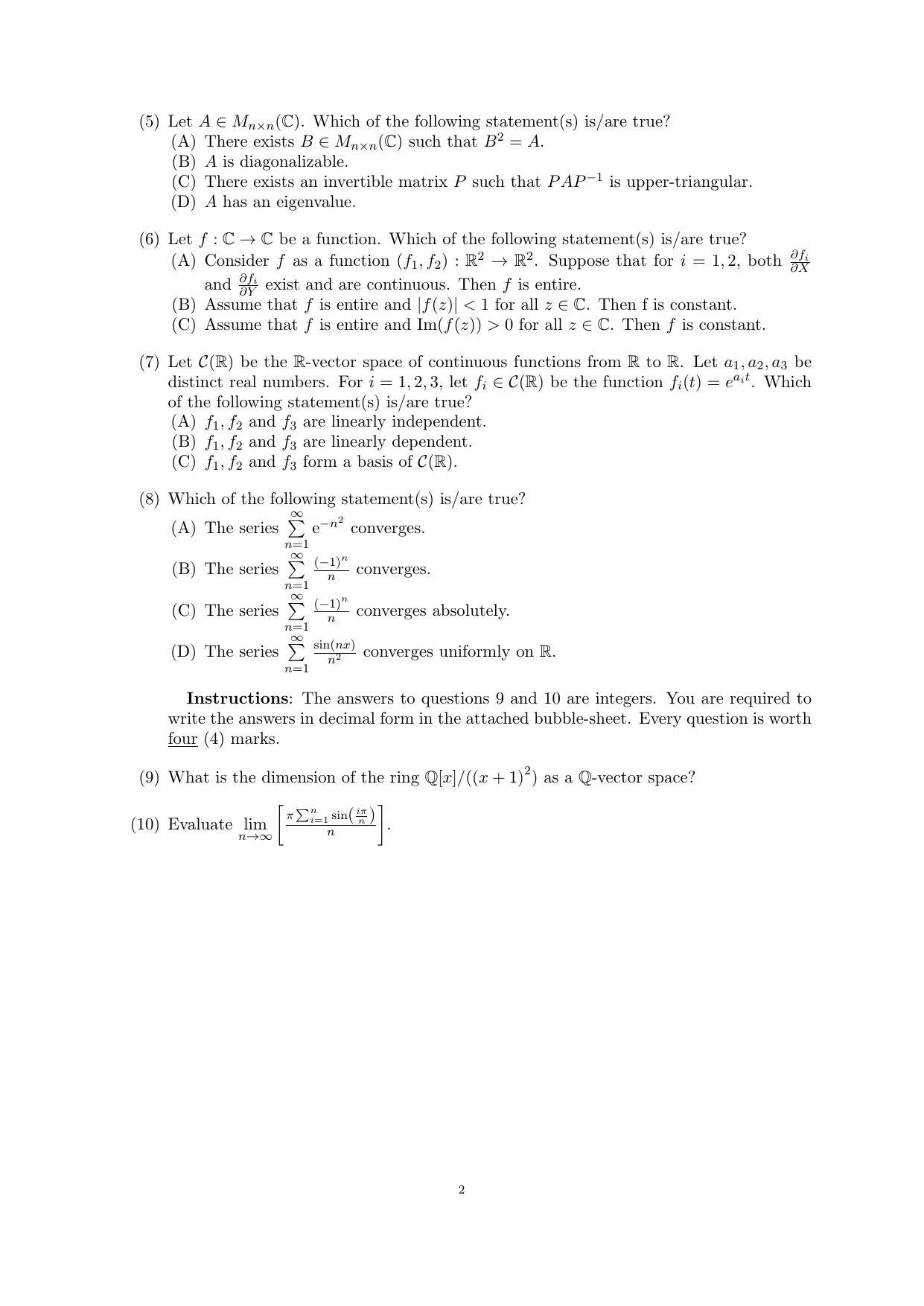CMI Entrance Exam 2014 Question Paper MSc/PhD Mathematics - Page 6