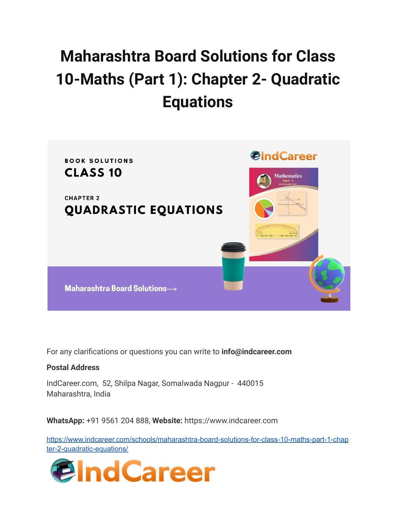 Maharashtra Board Solutions for Class 10-Maths (Part 1): Chapter 2- Quadratic Equations - Page 1