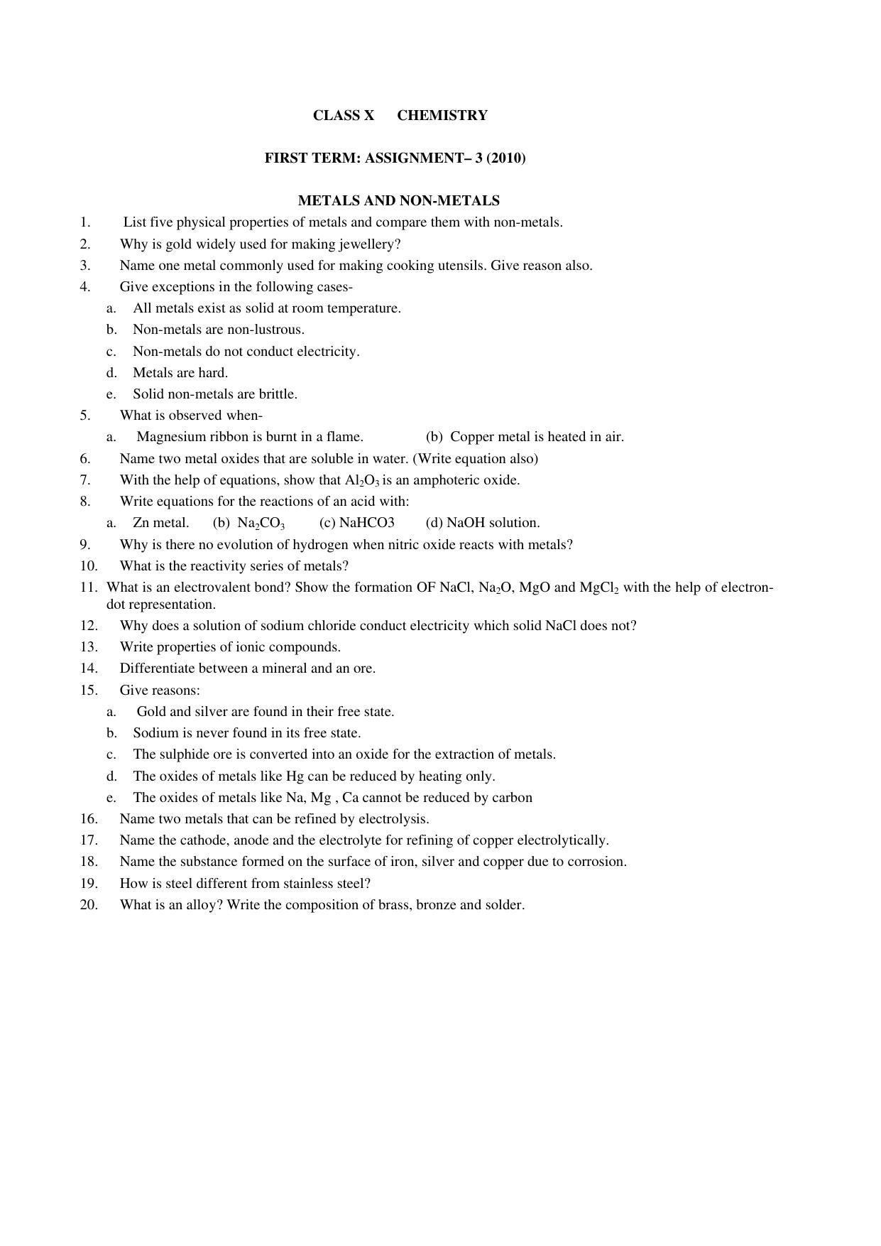 CBSE Worksheets for Class 10 Chemistry Assignment 9 - Page 1