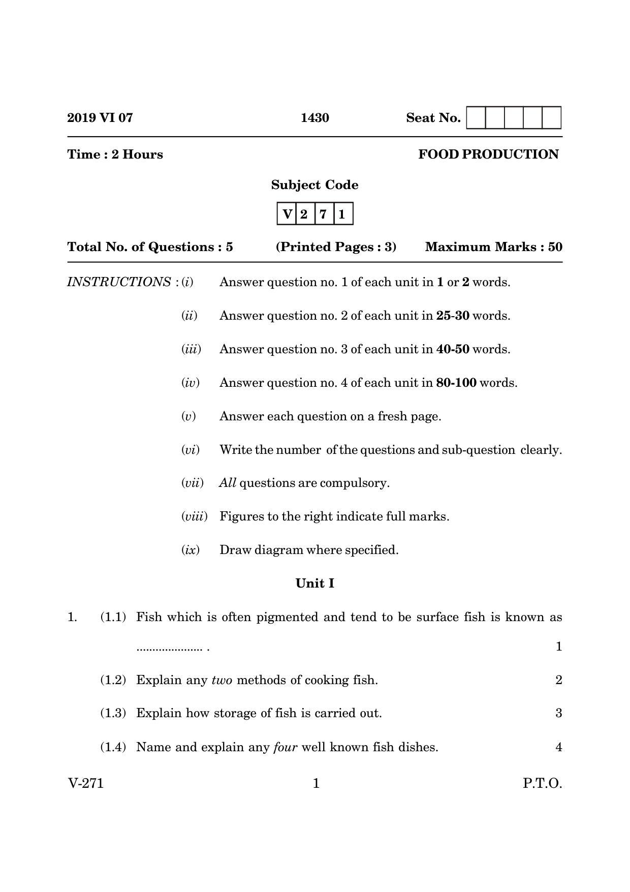Goa Board Class 12 Food Production (June 2019) Question Paper - Page 1