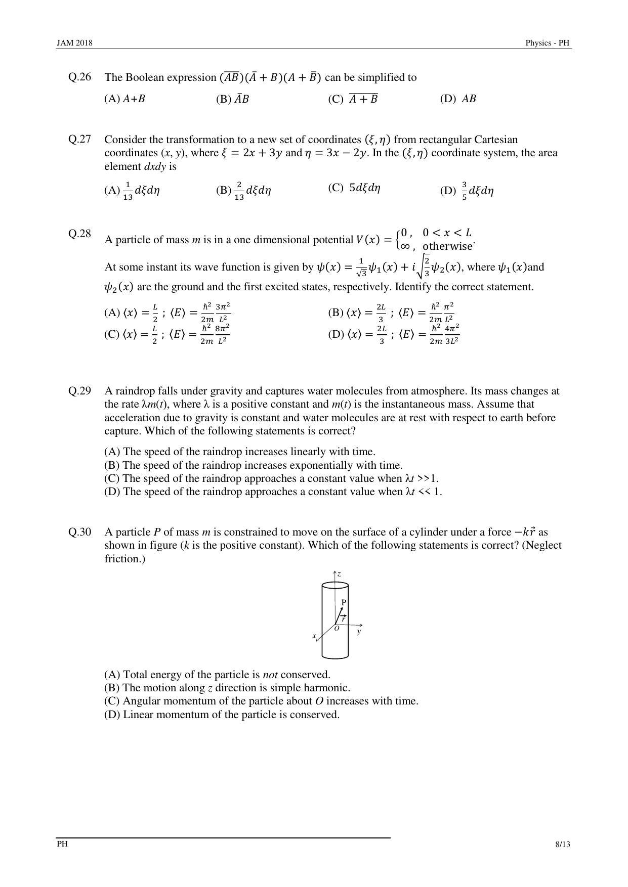 JAM 2018: PH Question Paper - Page 8