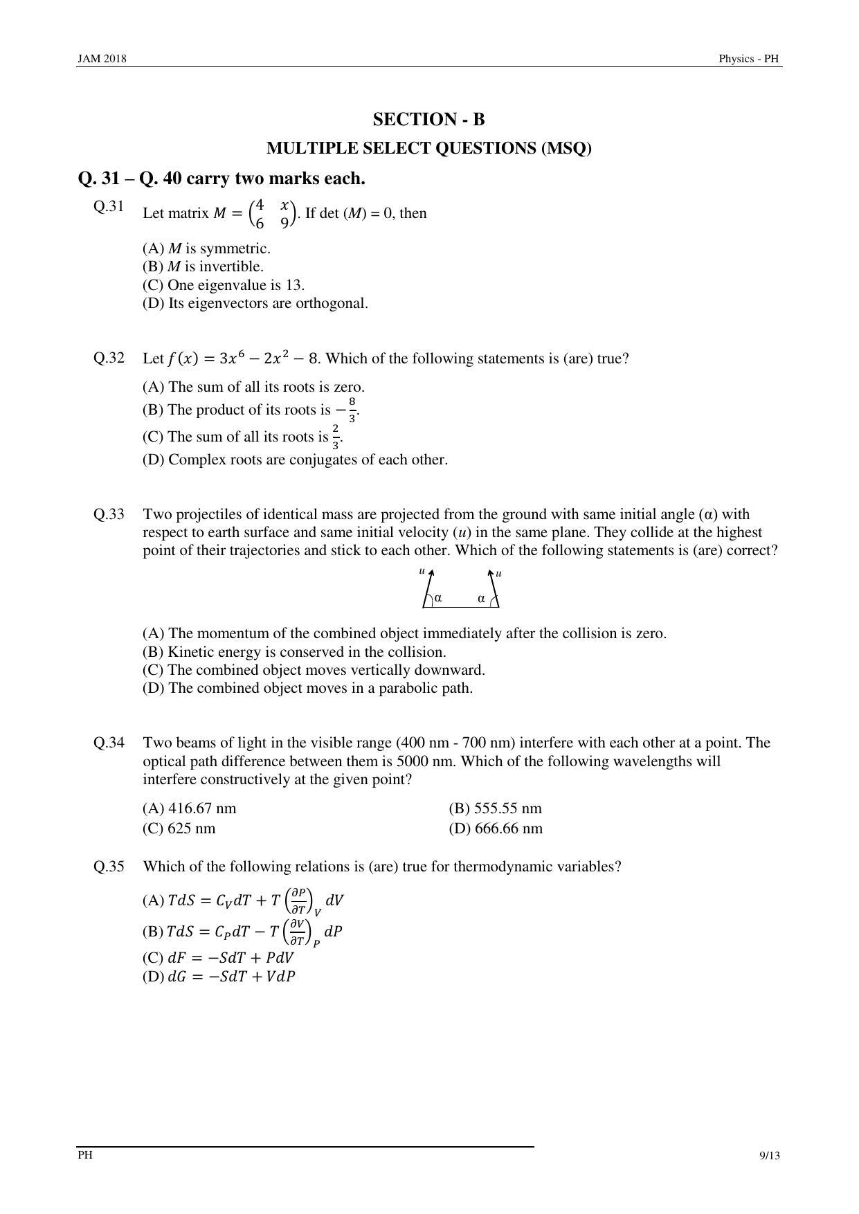 JAM 2018: PH Question Paper - Page 9