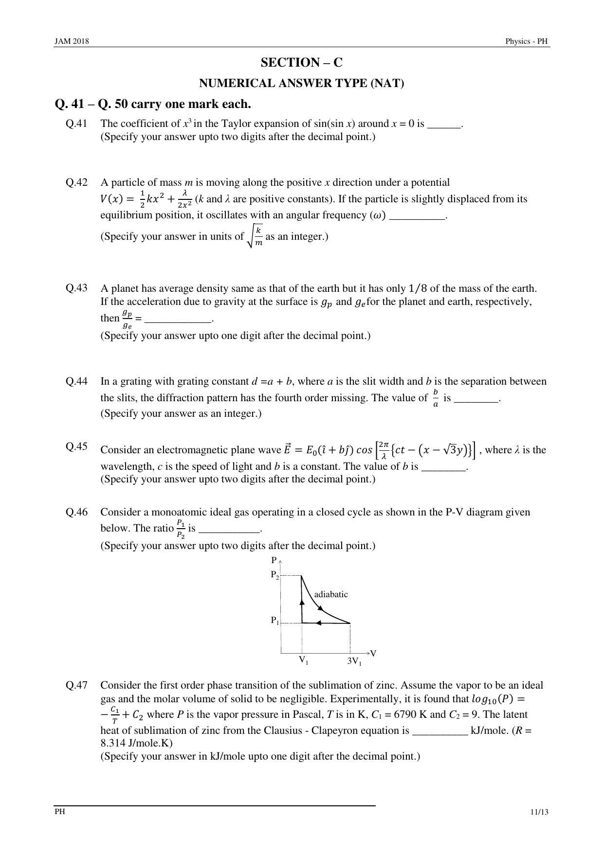 JAM 2018: PH Question Paper - Page 11