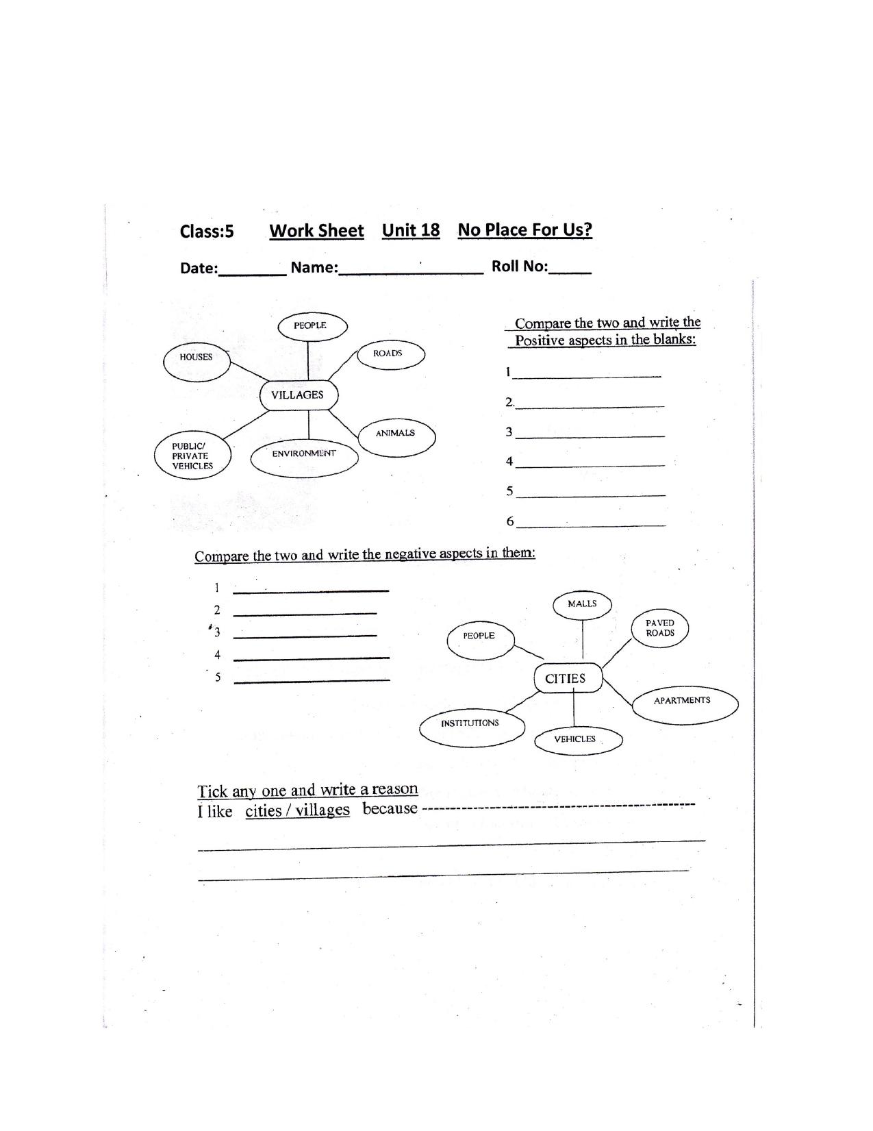 Worksheet for Class 5 Environmental Studies No place for us Assignment - Page 1