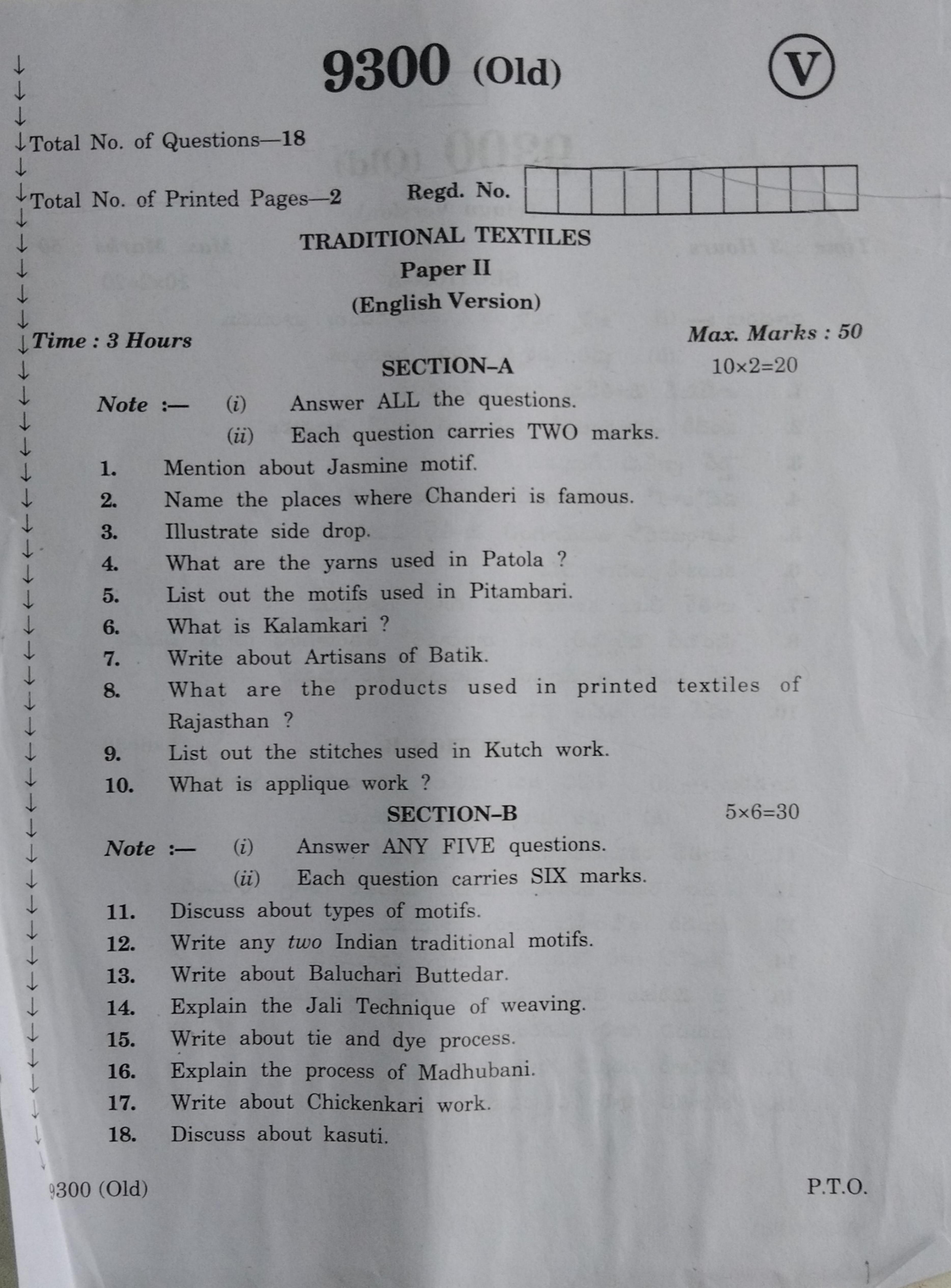 AP Inter 2nd Year Vocational Question Paper March - 2020 - Traditional Textiles-II(old) - Page 1