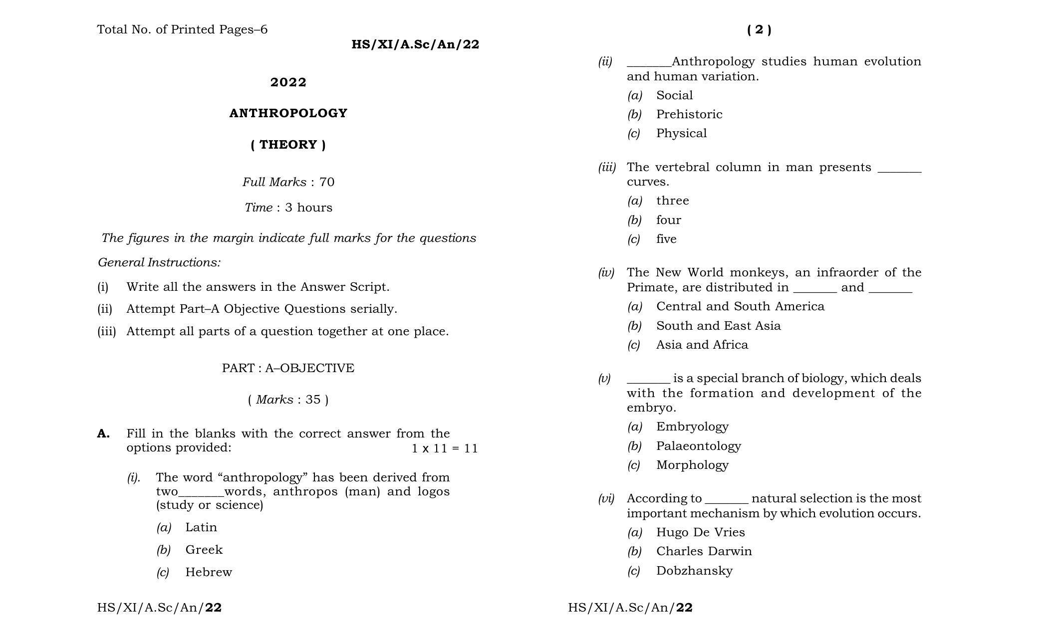 Meghalaya Board (MBOSE) Class 11 Anthropology (theory) 2022 Question Paper - Page 1
