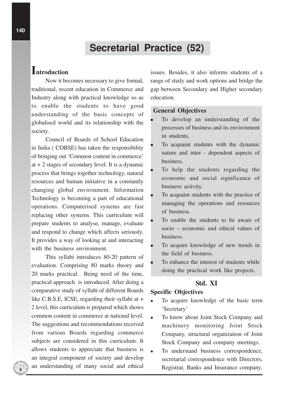 Maharashtra HSC Secretarial Practice Syllabus  - Page 1