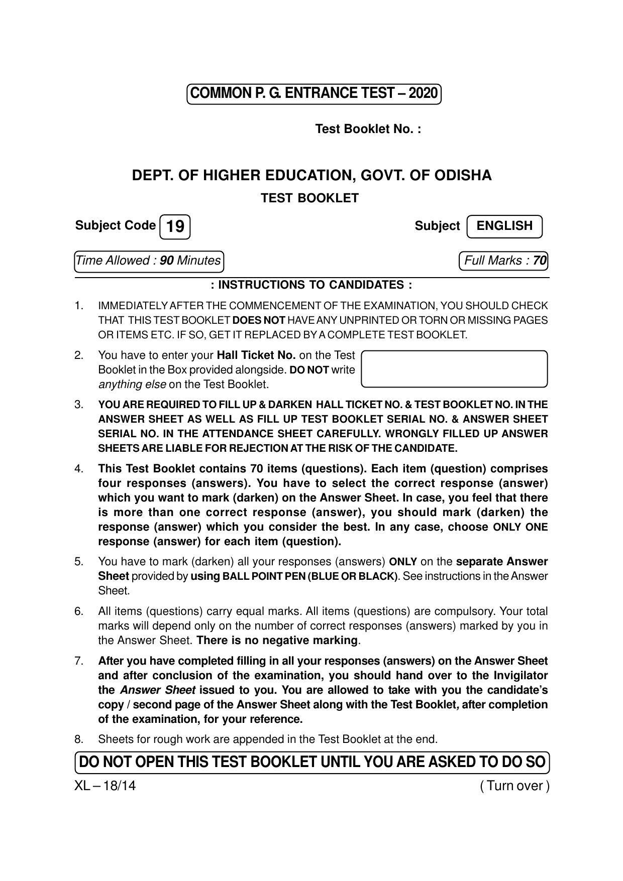 Odisha CPET ENGLISH 2020 Question Paper - Page 1