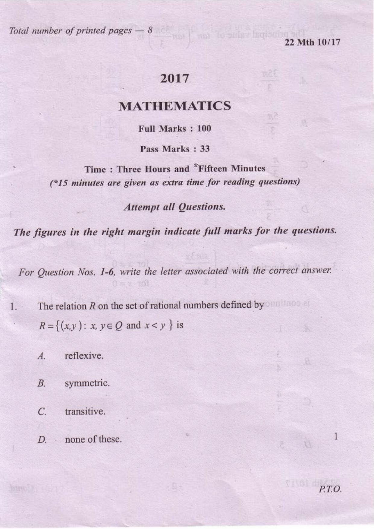 COHSEM Class 12 Mathematics 2017 Question Papers - Page 1