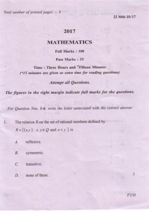 COHSEM Class 12 Mathematics 2017 Question Papers
