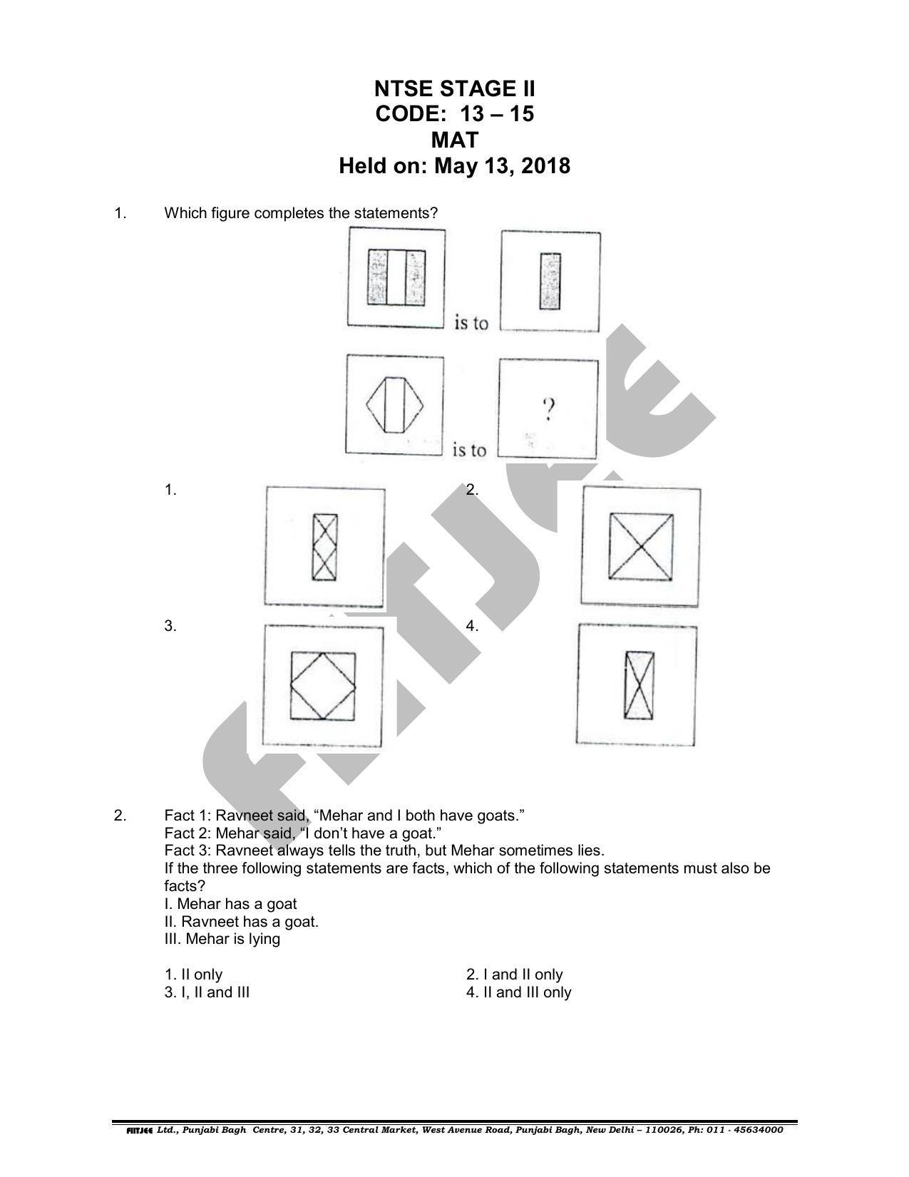 NTSE 2018 (Stage II) MAT Question Paper (May 13, 2018 ) - Page 1