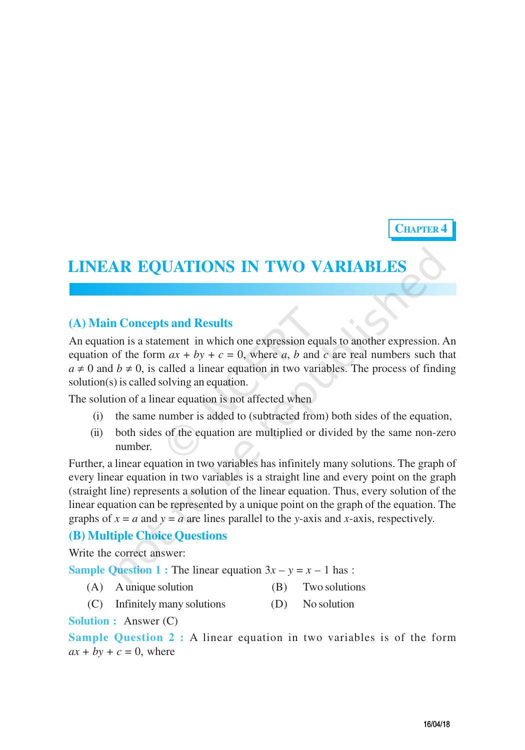 NCERT Exemplar Book for Class 9 Maths: Chapter 4 Linear Equations in Two Variables - Page 1