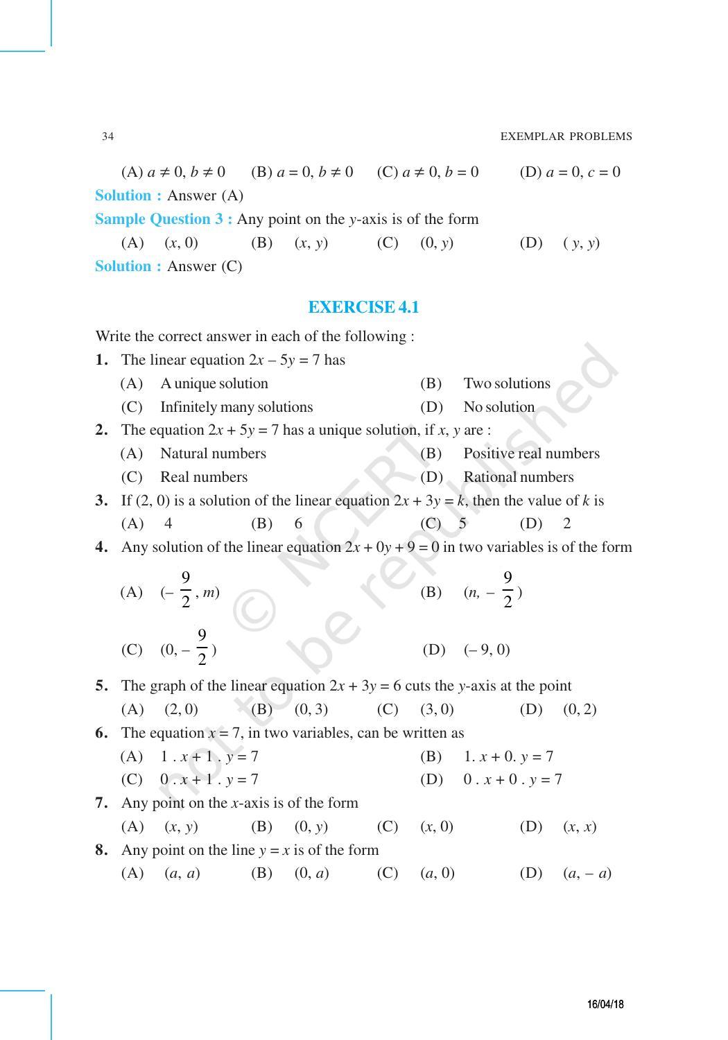 NCERT Exemplar Book for Class 9 Maths: Chapter 4 Linear Equations in Two Variables - Page 2
