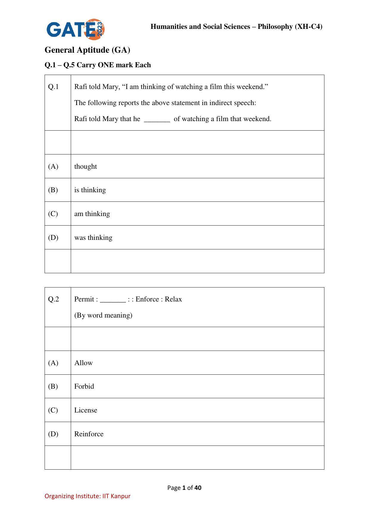 GATE 2023 Humanities & Social Sciences – Philosophy (XH-C4) Question Paper - Page 1