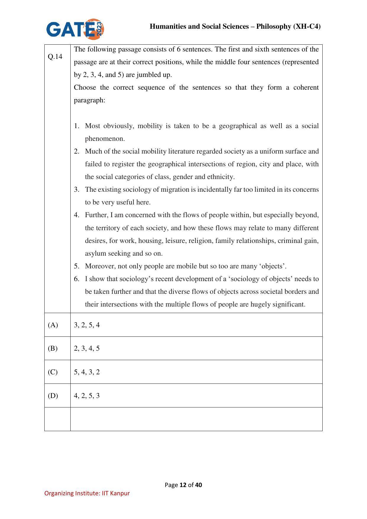 GATE 2023 Humanities & Social Sciences – Philosophy (XH-C4) Question Paper - Page 12