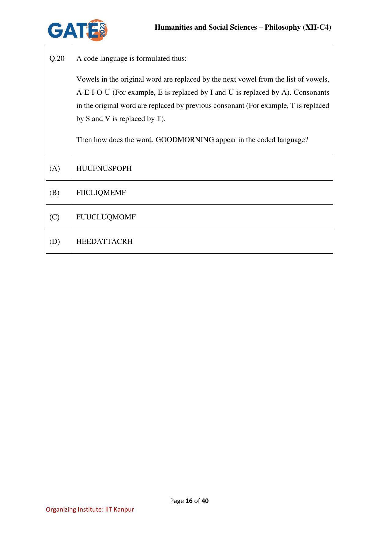 GATE 2023 Humanities & Social Sciences – Philosophy (XH-C4) Question Paper - Page 16