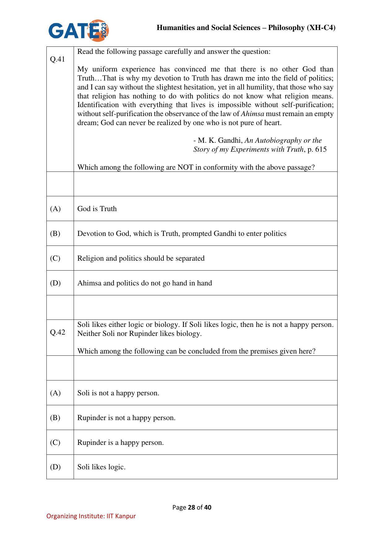 GATE 2023 Humanities & Social Sciences – Philosophy (XH-C4) Question Paper - Page 28