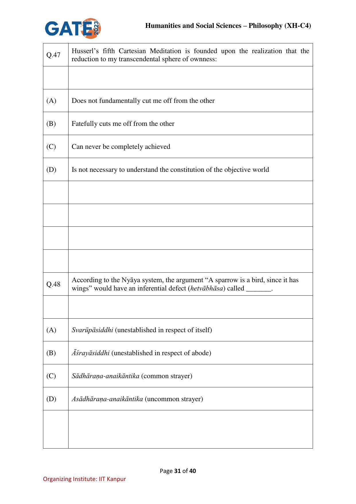 GATE 2023 Humanities & Social Sciences – Philosophy (XH-C4) Question Paper - Page 31