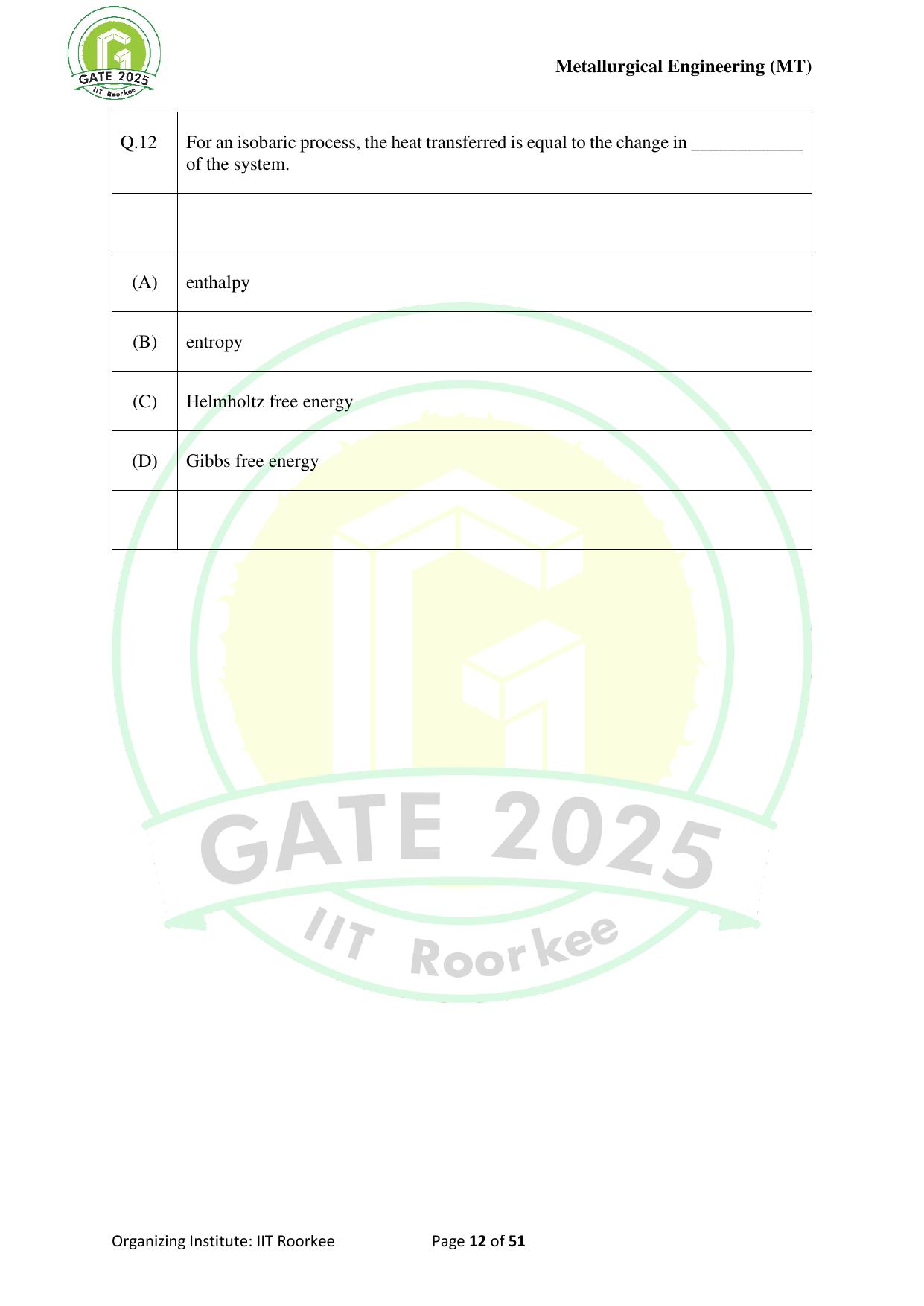 GATE 2025 Metallurgical Engineering (MT) Question Paper - Page 12