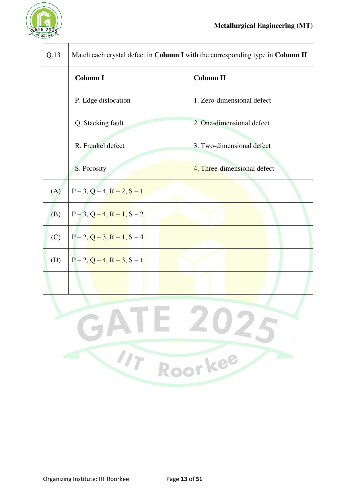 GATE 2025 Metallurgical Engineering (MT) Question Paper - Page 13