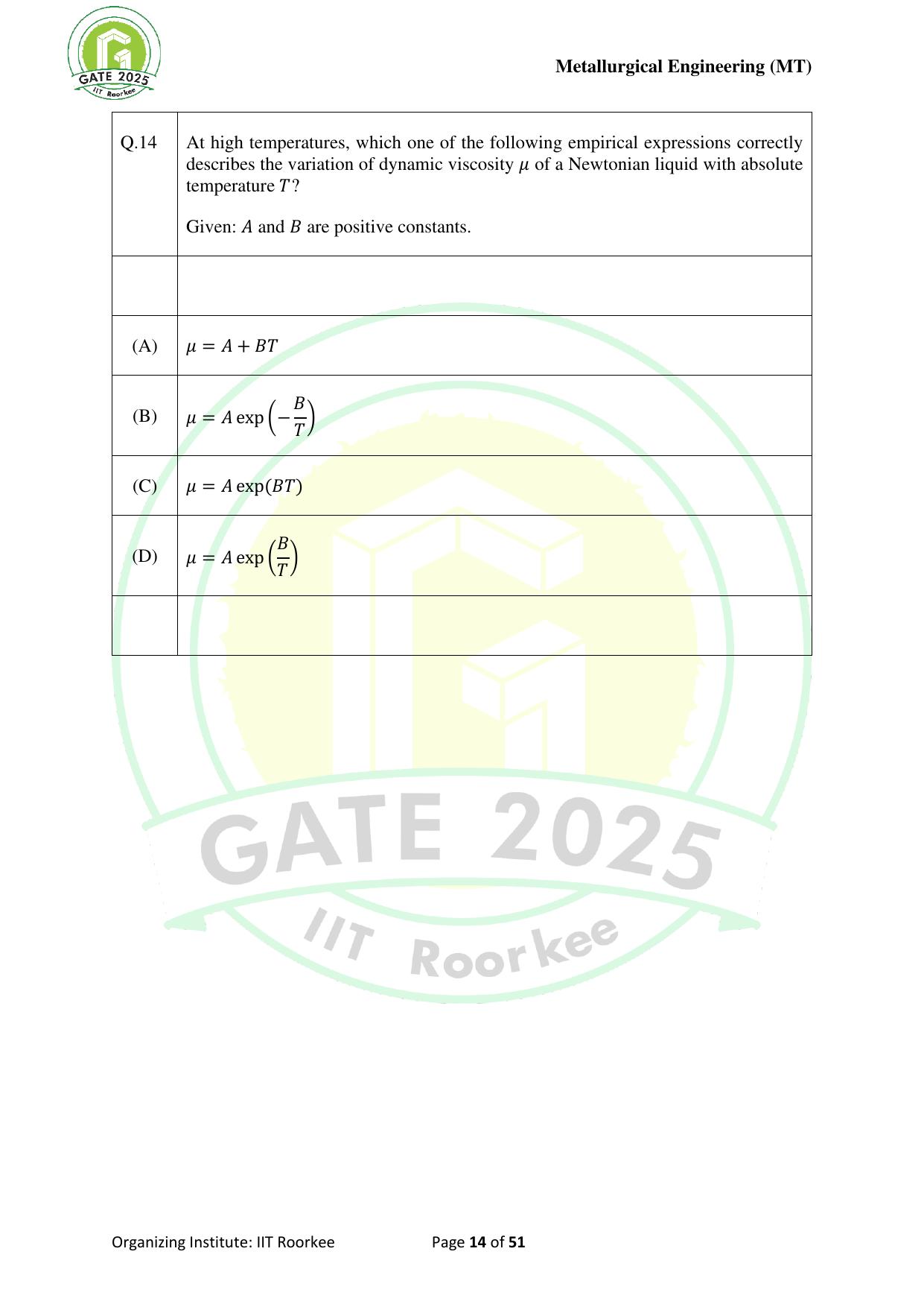 GATE 2025 Metallurgical Engineering (MT) Question Paper - Page 14