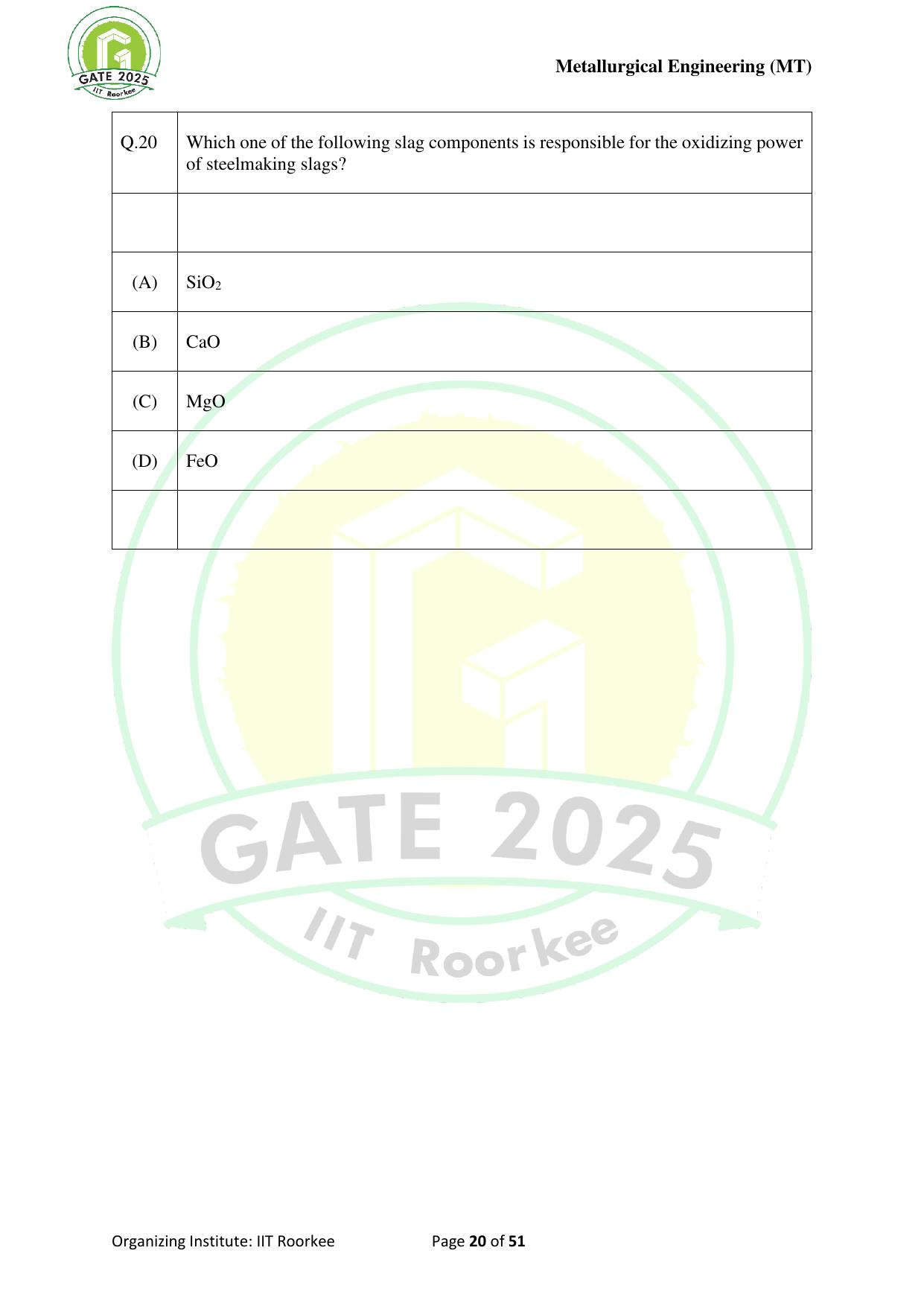 GATE 2025 Metallurgical Engineering (MT) Question Paper - Page 20