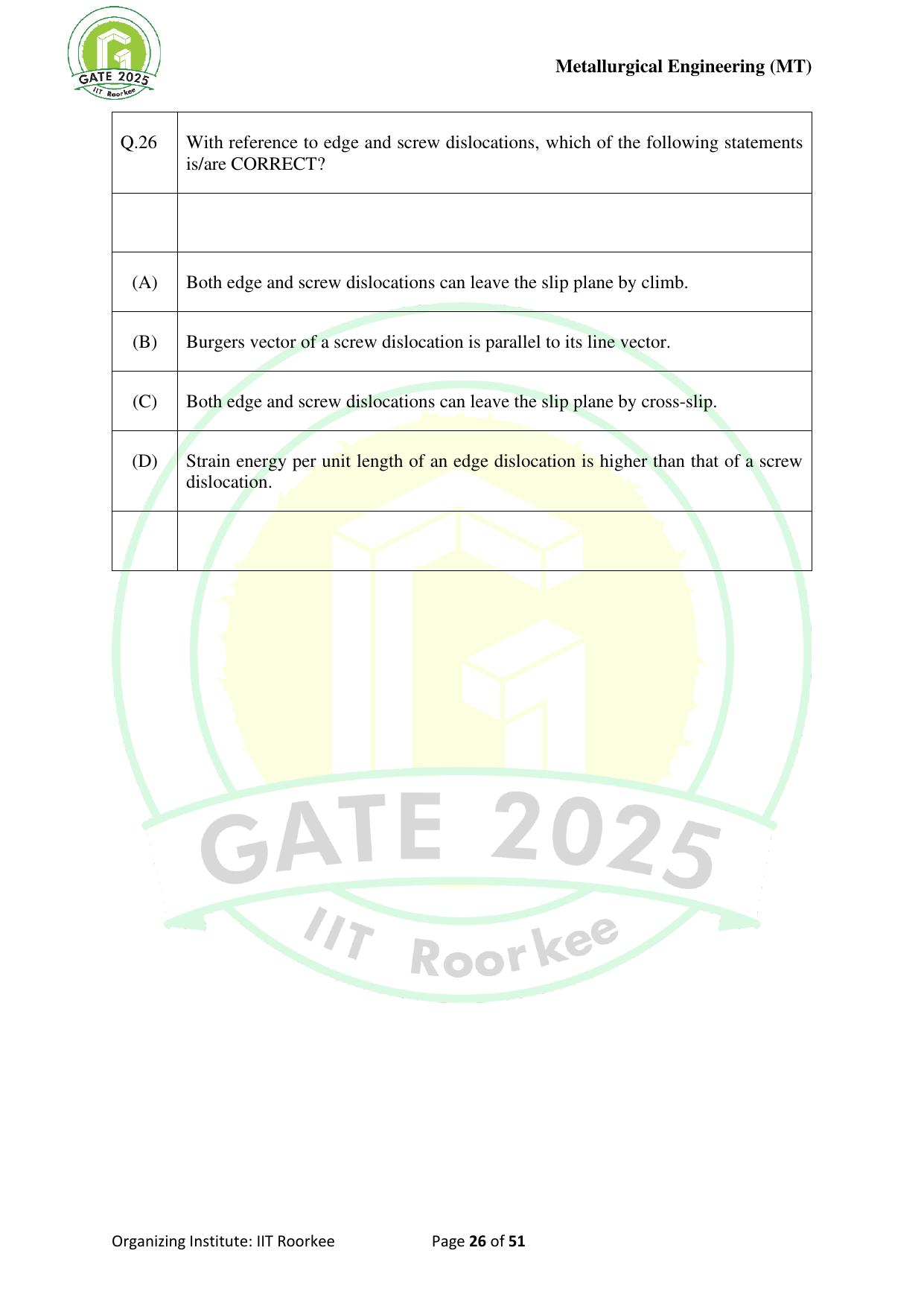 GATE 2025 Metallurgical Engineering (MT) Question Paper - Page 26