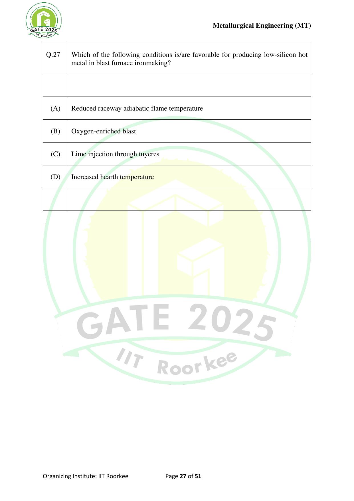 GATE 2025 Metallurgical Engineering (MT) Question Paper - Page 27